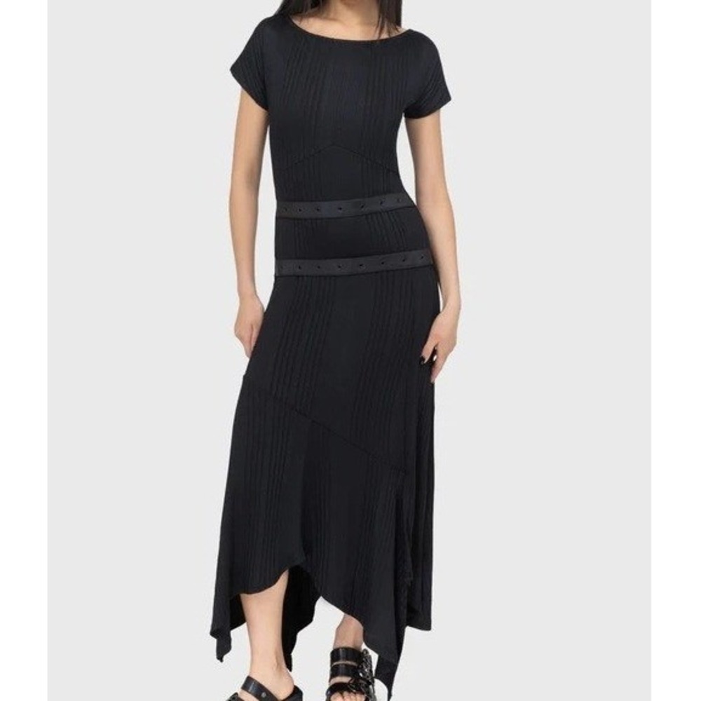 Killstar Synapse Maxi Dress Ribbed Knit Medium Black Harness Grommet Punk Goth